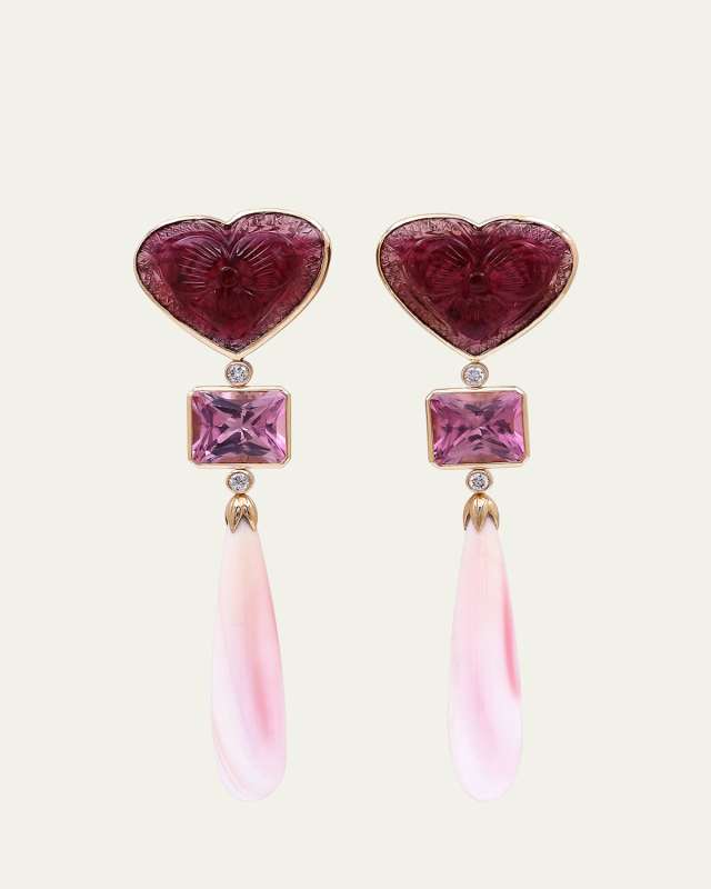 Pink Tourmaline, Conch Shell and Diamond Earrings in 18K Gold