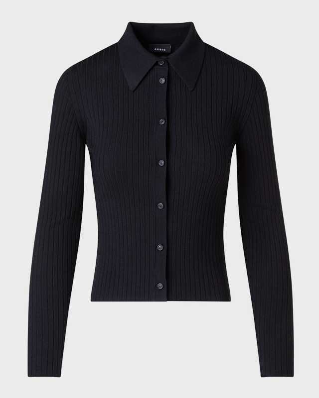 Collared Stretch Rib Knit Wool-Silk Cardigan