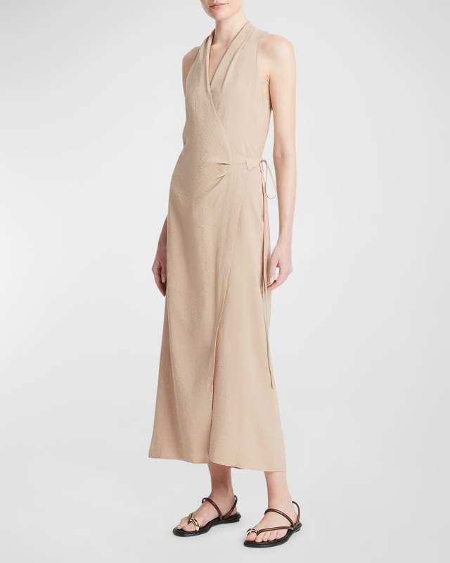 Draped-Neck Sleeveless Midi Wrap Dress