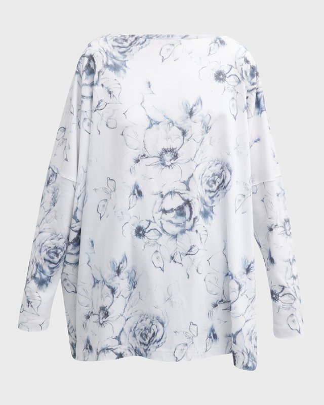 Long Floral-Print T-Shirt with Slash Neck