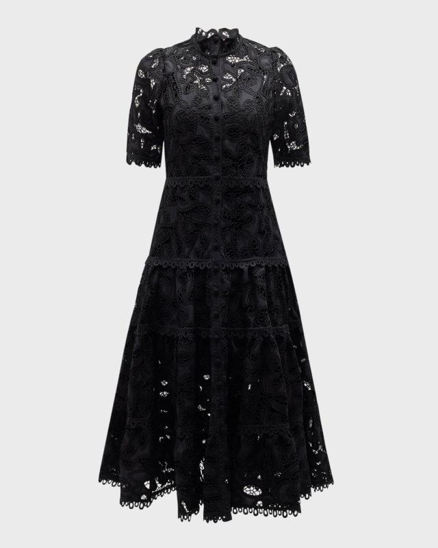 Ledina Cutwork Embroidered Floral Lace Midi Dress