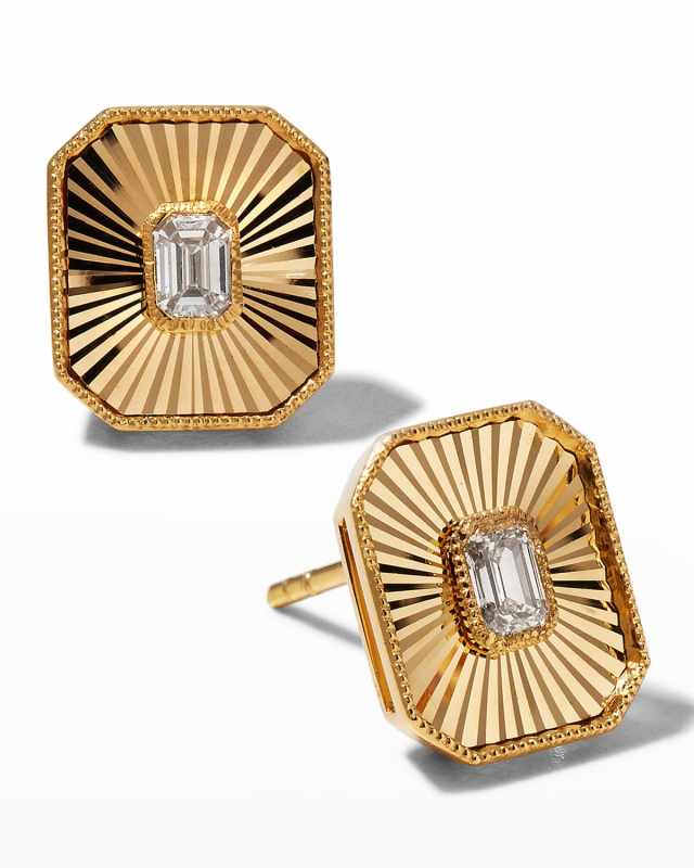Yellow Gold Bella Emerald-Cut Diamond Milgrain Stud Earrings