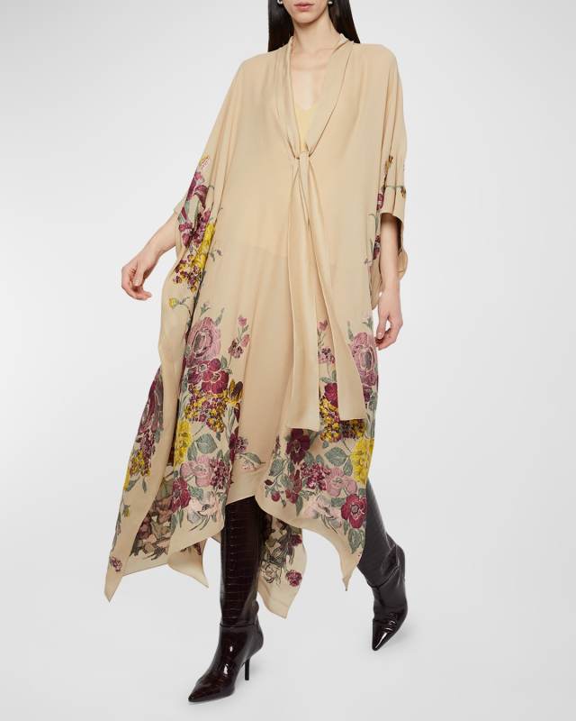 Floral-Embroidered Scarf-Neck Caftan Dress
