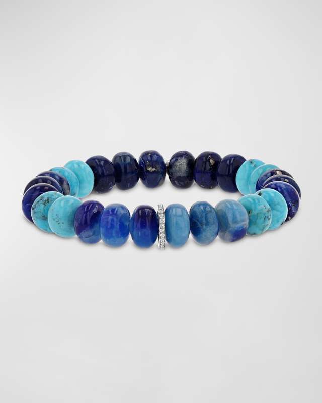 Afghanite and Turquoise 10mm Mixed Bead Bracelet with 1 Pave Diamond Rondelle