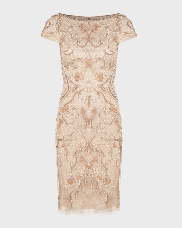 Silvia Beaded Bateau-Neck Metallic Midi Dress