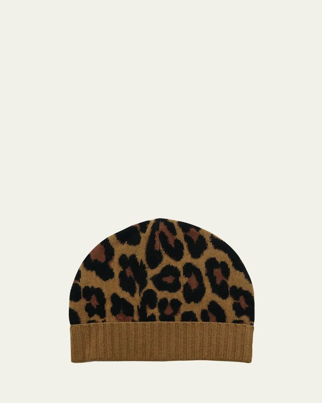 Leopard-Print Knit Cashmere Beanie Hat