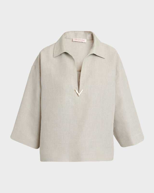 Linen Top with V Logo Detail