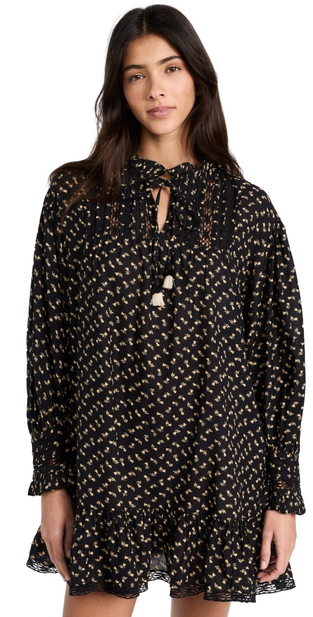 Sea Rosa Embroidery Pajama Tunic Dress Black