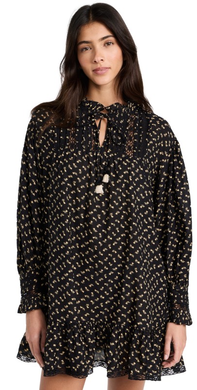 Sea Rosa Embroidery Pajama Tunic Dress Black