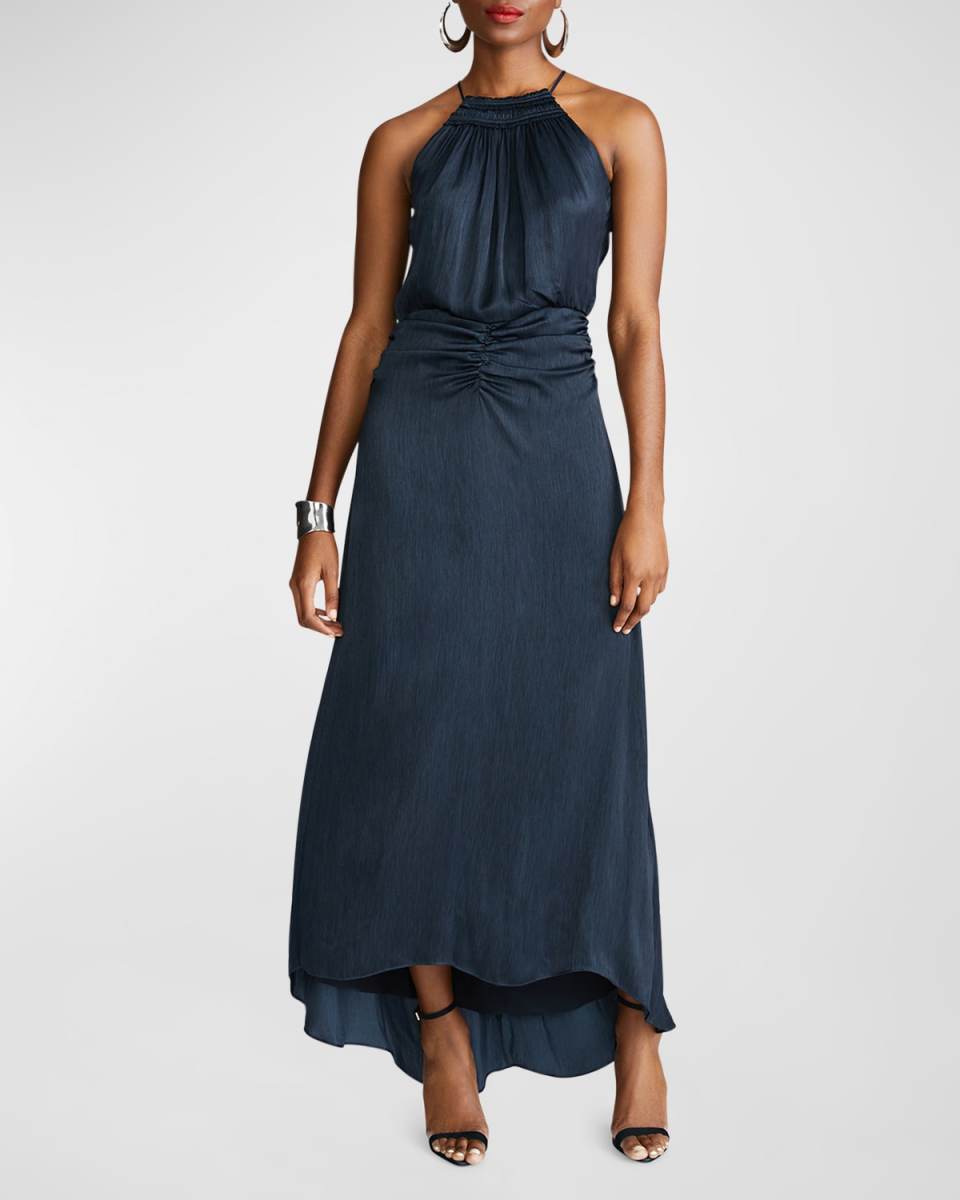 High-Low Slub Micro Satin Halter Gown