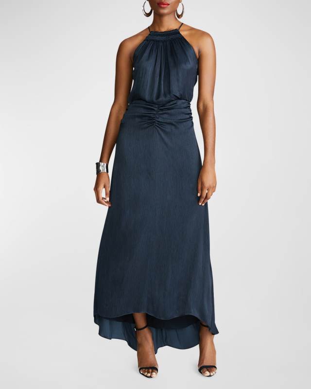 High-Low Slub Micro Satin Halter Gown