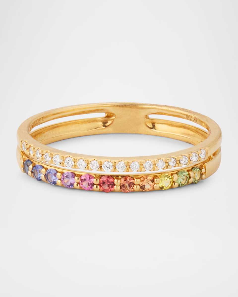 Rainbow 18K Yellow Gold Double Row Sapphire and Diamond Band Ring, Size