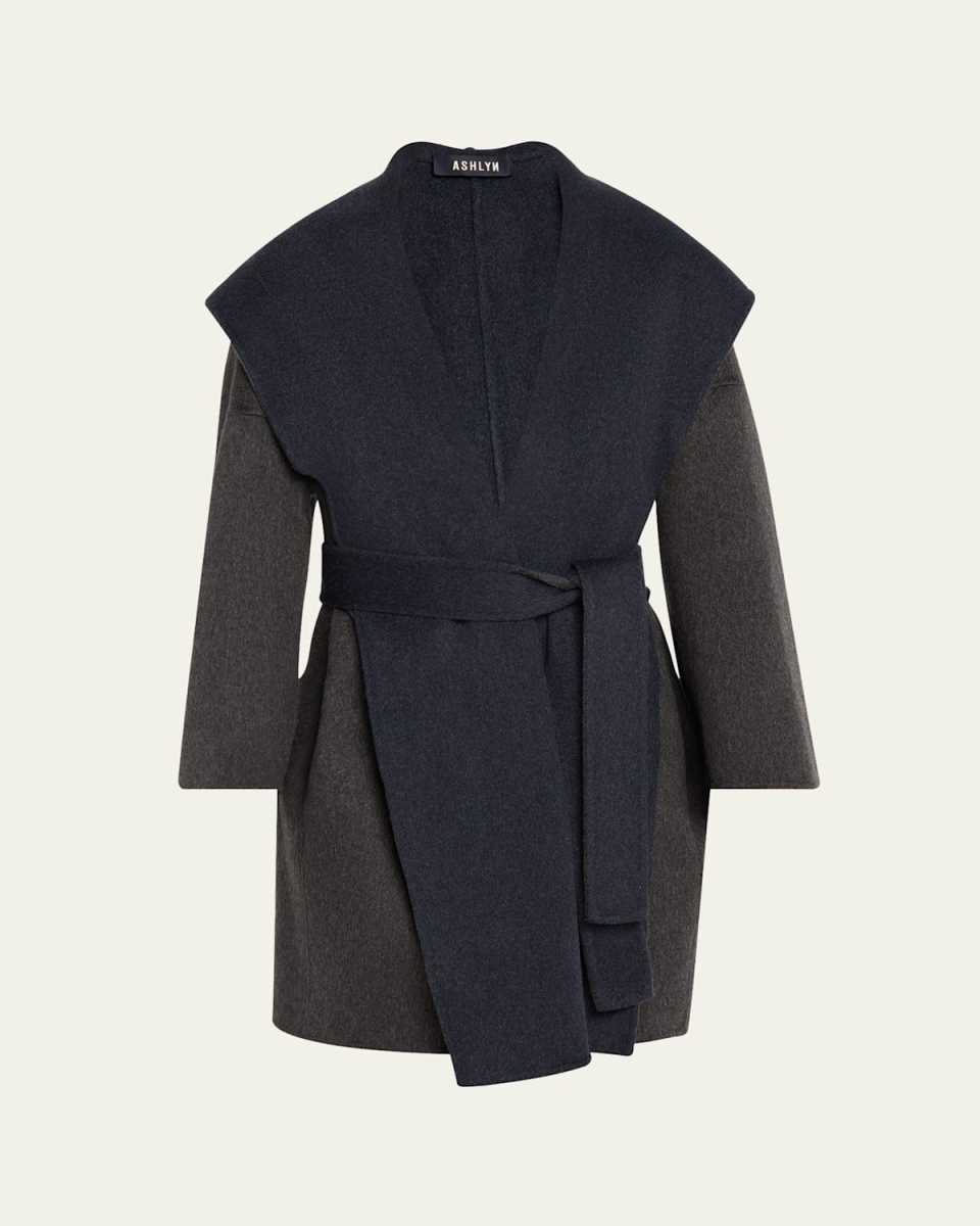 Alvin Two-Tone Hooded Cashmere Coat with Belt