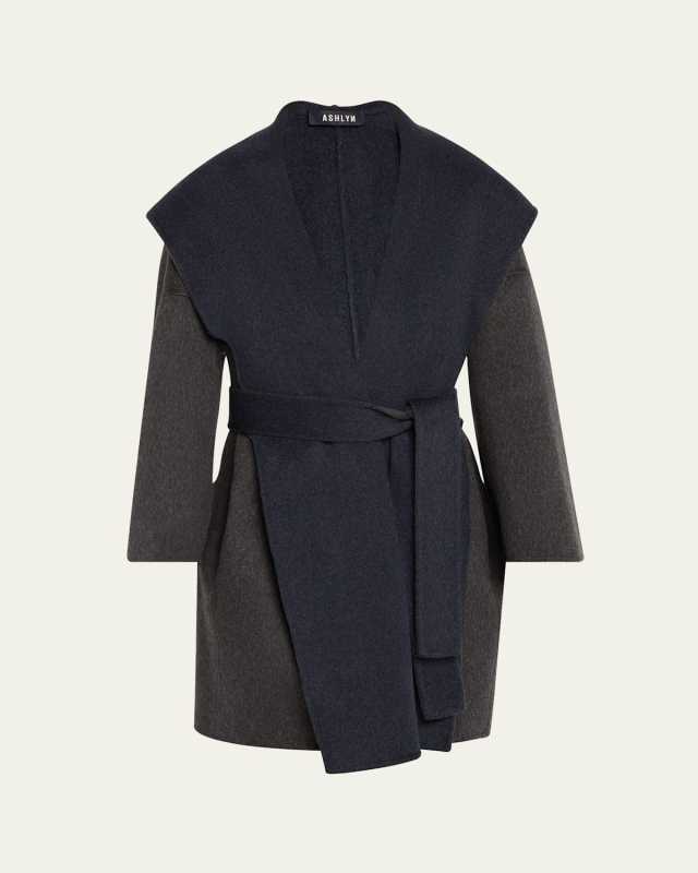 Alvin Two-Tone Hooded Cashmere Coat with Belt