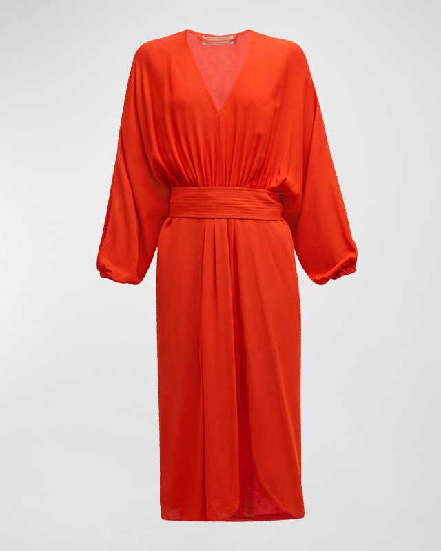 Ruched Side-Slit Midi Dress