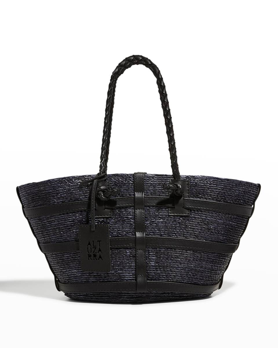 Watermill Small Caged Leather & Raffia Tote Bag