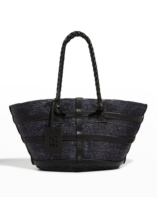 Watermill Small Caged Leather & Raffia Tote Bag