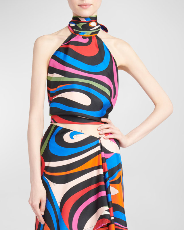 Abstract-Print Silk Halter Scarf Top