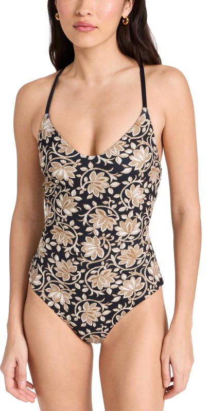THE GREAT. The Reversible Lace Up One Piece Black Oasis Flor/Bandana Daisy