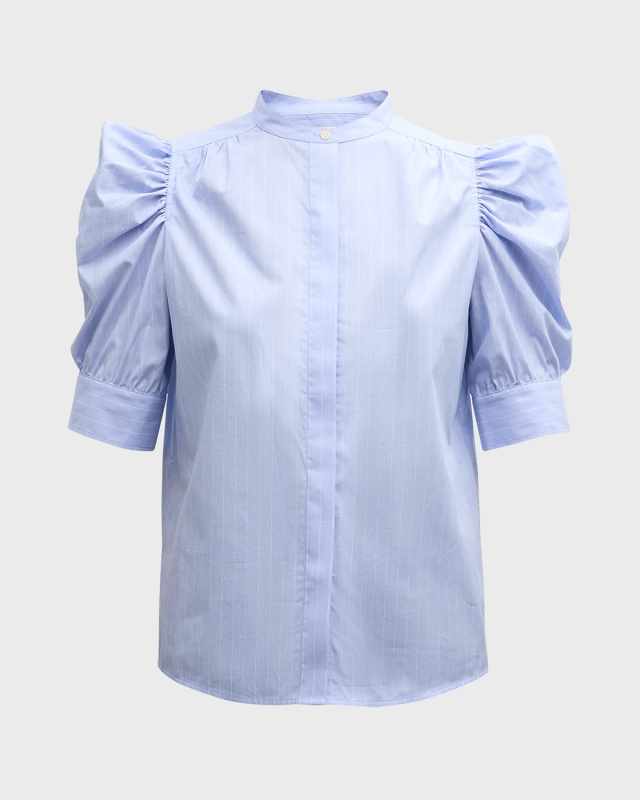 Pinstripe Ruched Puff-Sleeve Shirt