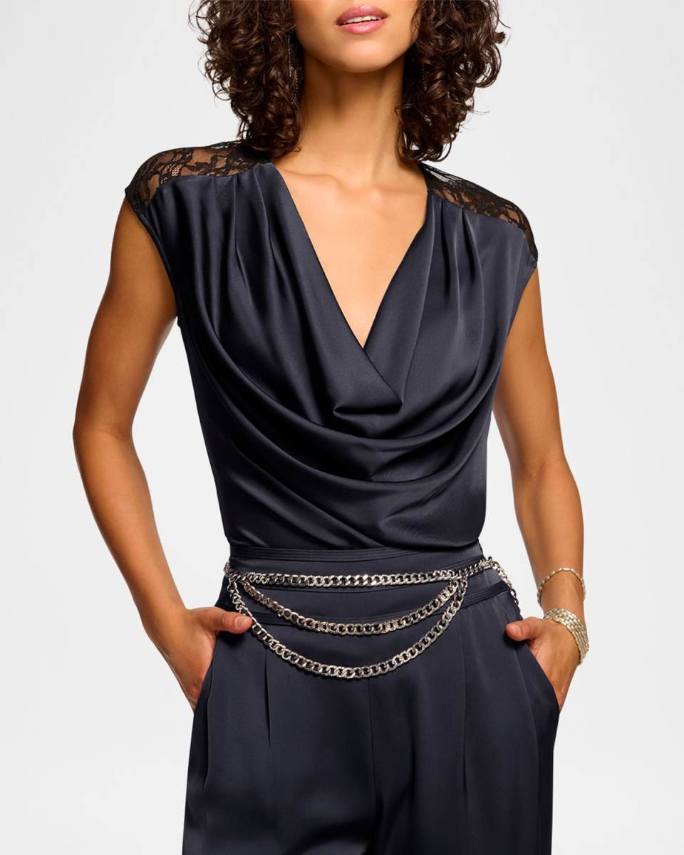 Winston Satin Lace Cowl-Neck Blouse