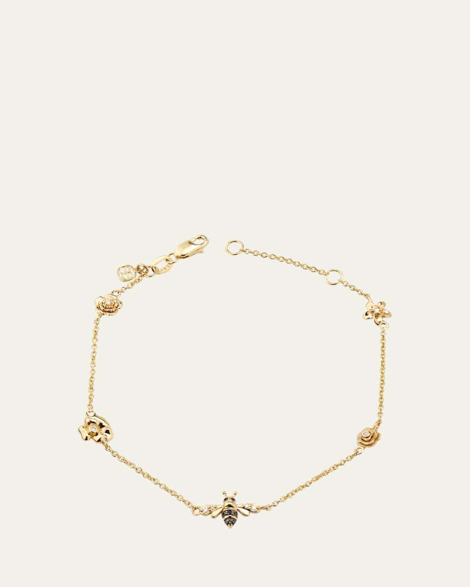 14K Yellow Gold Flower Chain Bracelet with White Diamonds and Black Diamonds