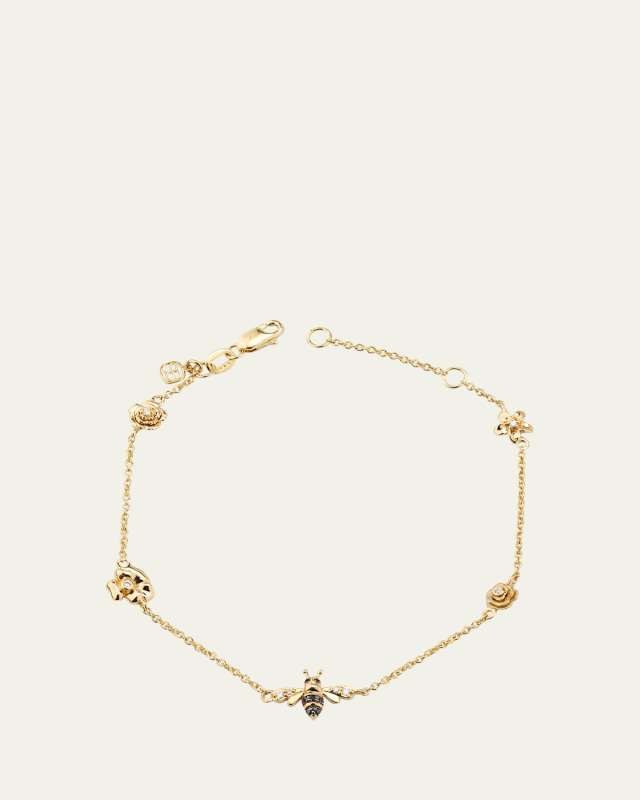 14K Yellow Gold Flower Chain Bracelet with White Diamonds and Black Diamonds