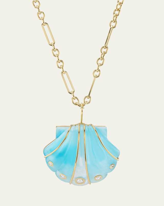Carved Larimar and Moonstone Shell Pendant Necklace
