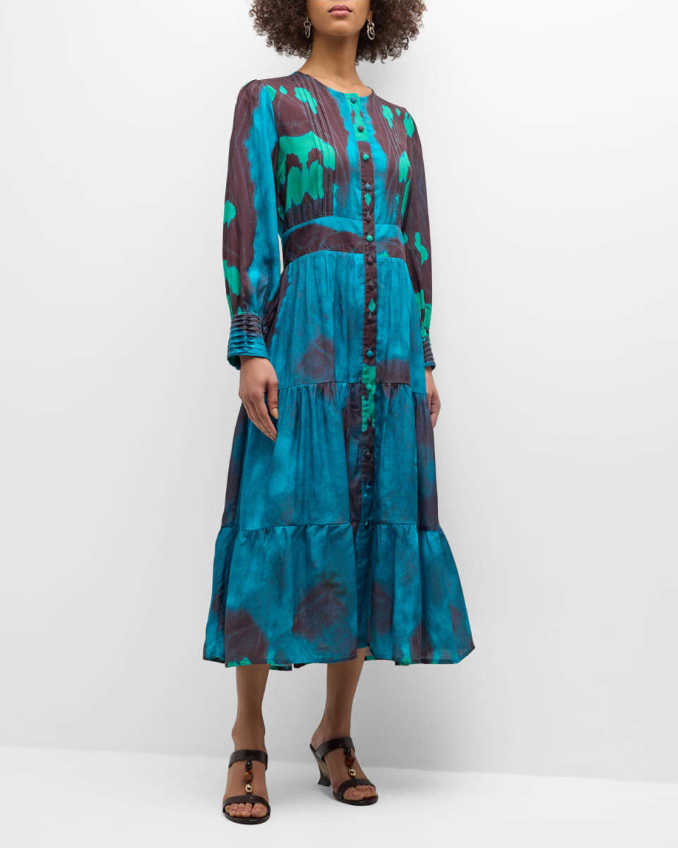 Aelia Tiered Abstract-Print Pintuck Midi Dress
