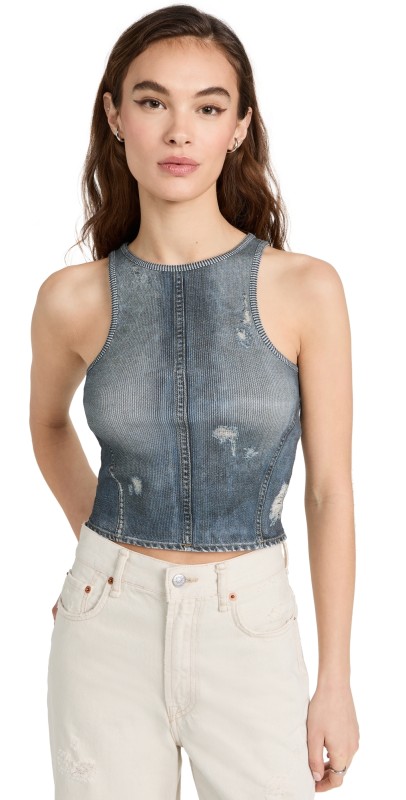 Acne Studios Elaia Denim Trompe L'oeil Sleeveless Top Denim Blue