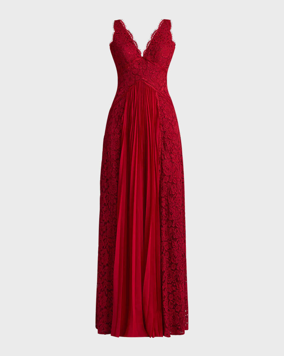 Floral Lace and Pleated Chiffon Gown