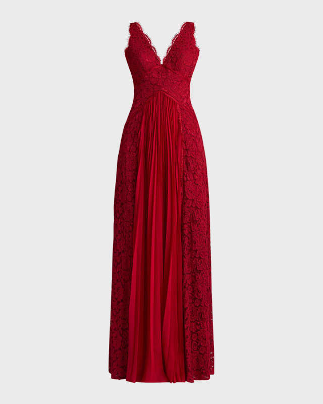 Floral Lace and Pleated Chiffon Gown