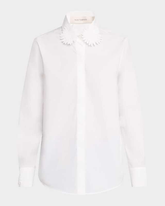 Naroa Flower Embroidered Cotton Button-Down Blouse