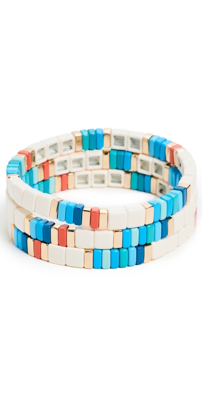 Roxanne Assoulin Enamel and Gold Tone Beaded Stretch Bracelet Set Blue Mult