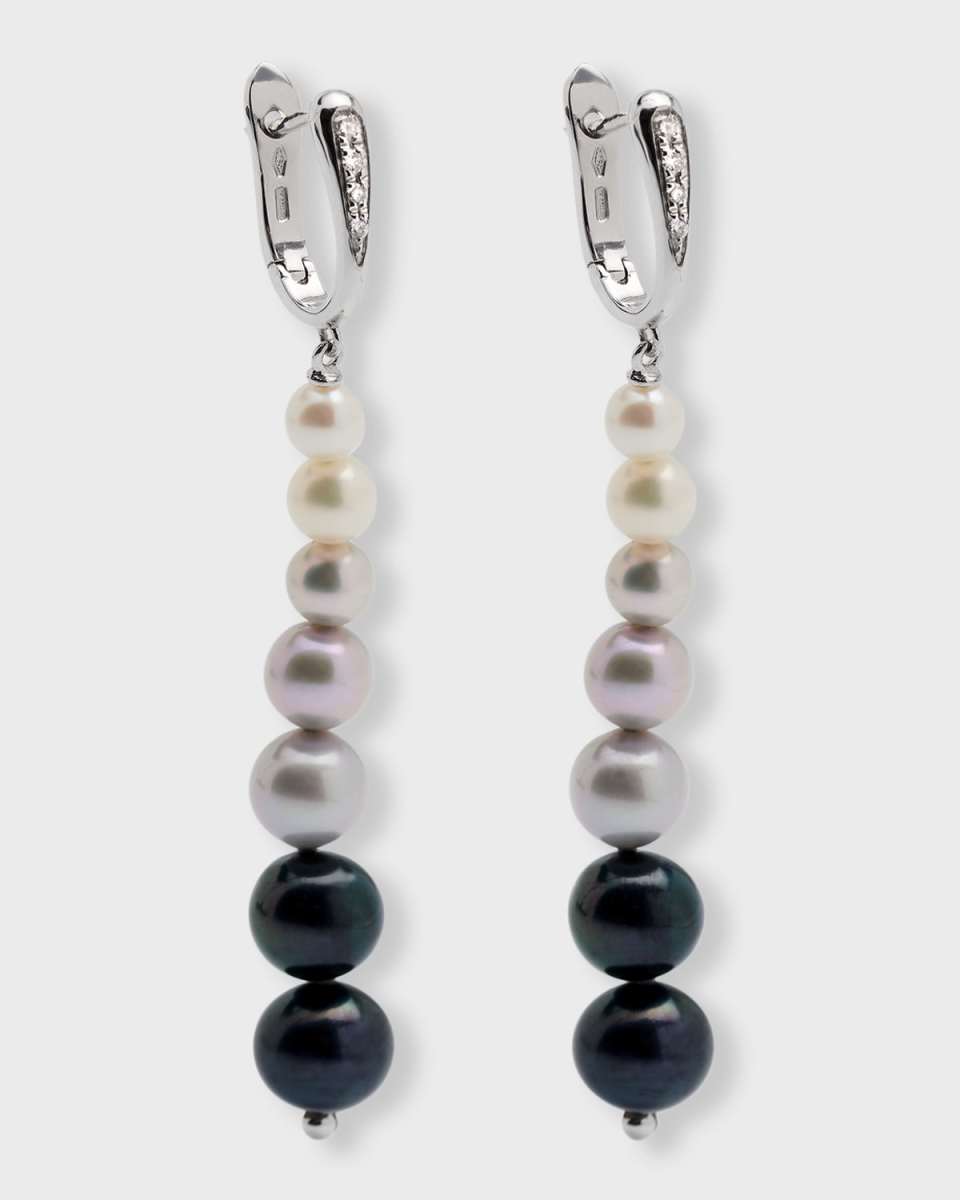 18K White Gold Earrings with Diamonds and Graduating Pearls, 4-8mm