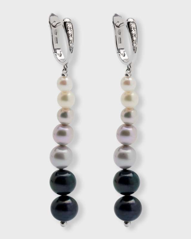 18K White Gold Earrings with Diamonds and Graduating Pearls, 4-8mm