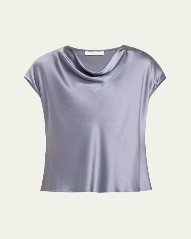 Cowl-Neck Cap-Sleeve Satin Blouse
