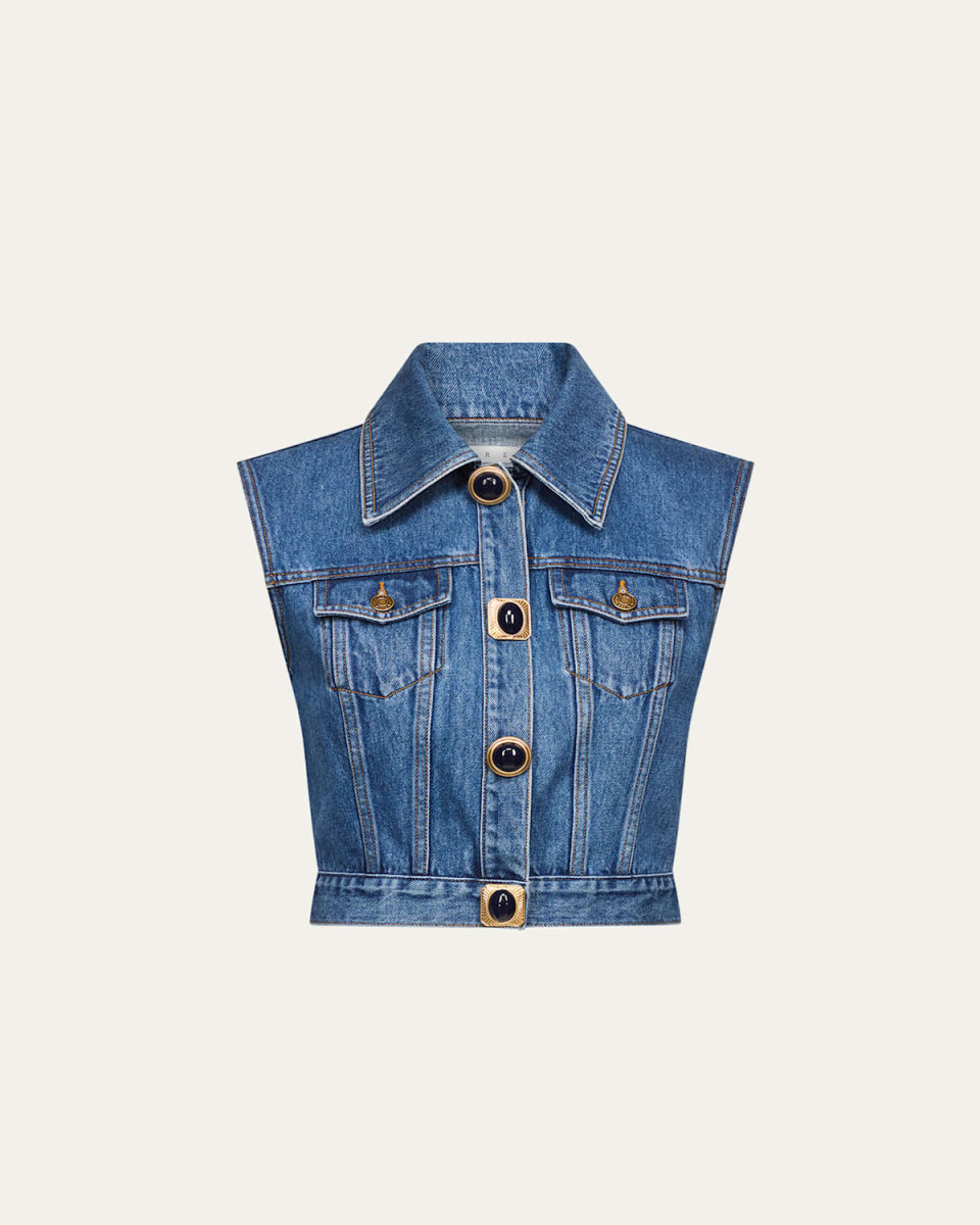 Gemstone Button Cropped Denim Vest