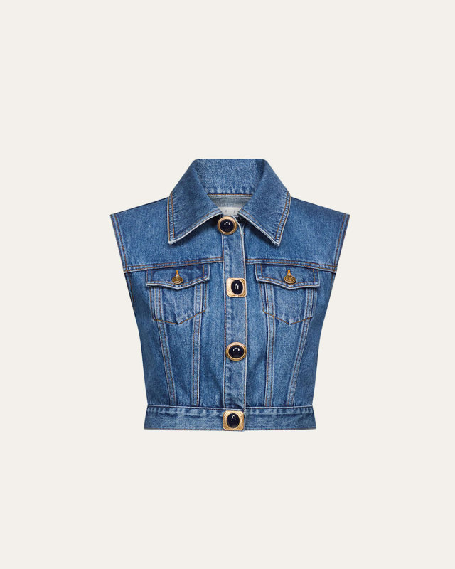 Gemstone Button Cropped Denim Vest