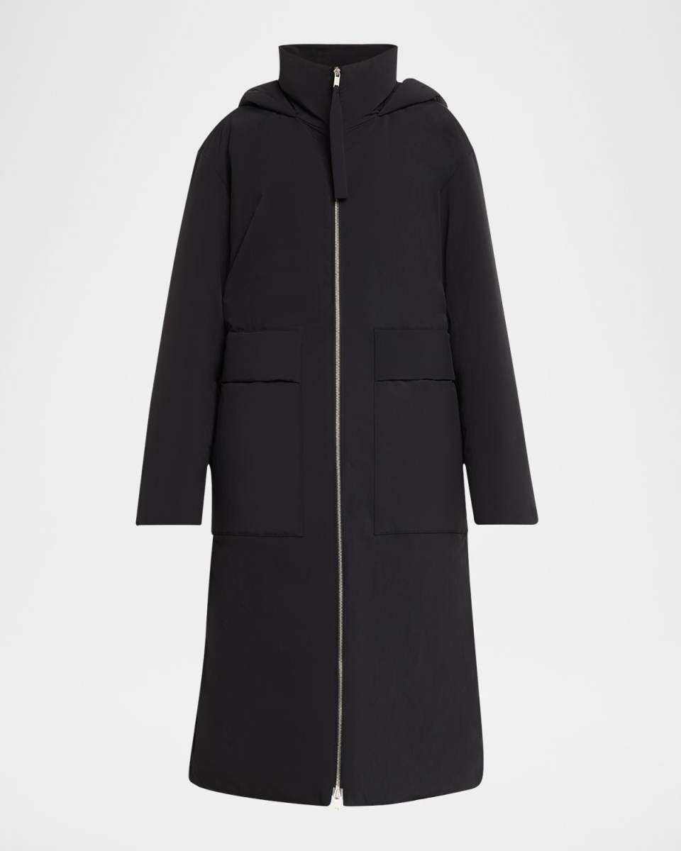 Full-Length Zip-Up Down Coat with Hood