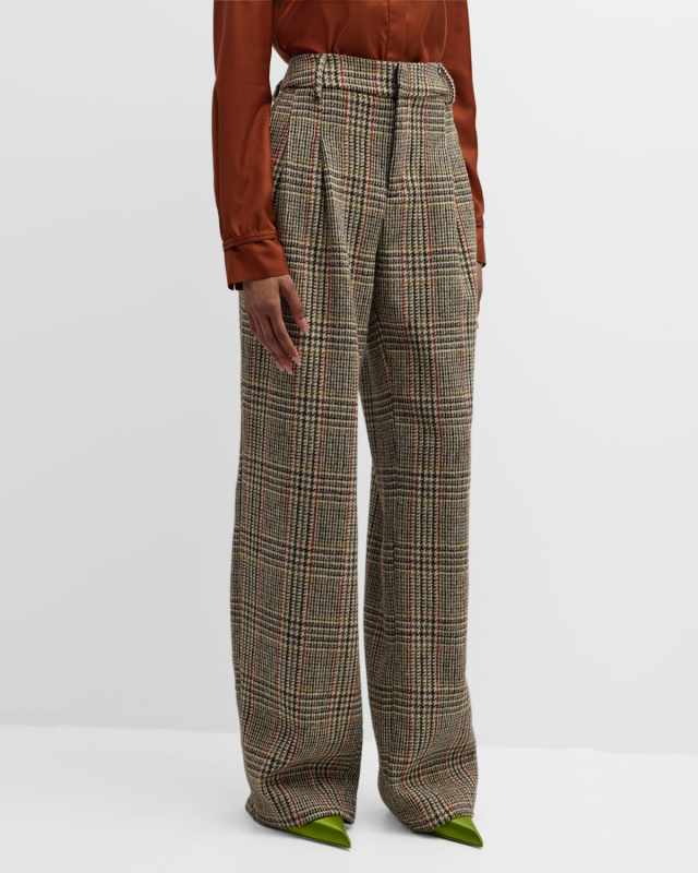 Houndstooth Check Pleated Straight-Leg Pants