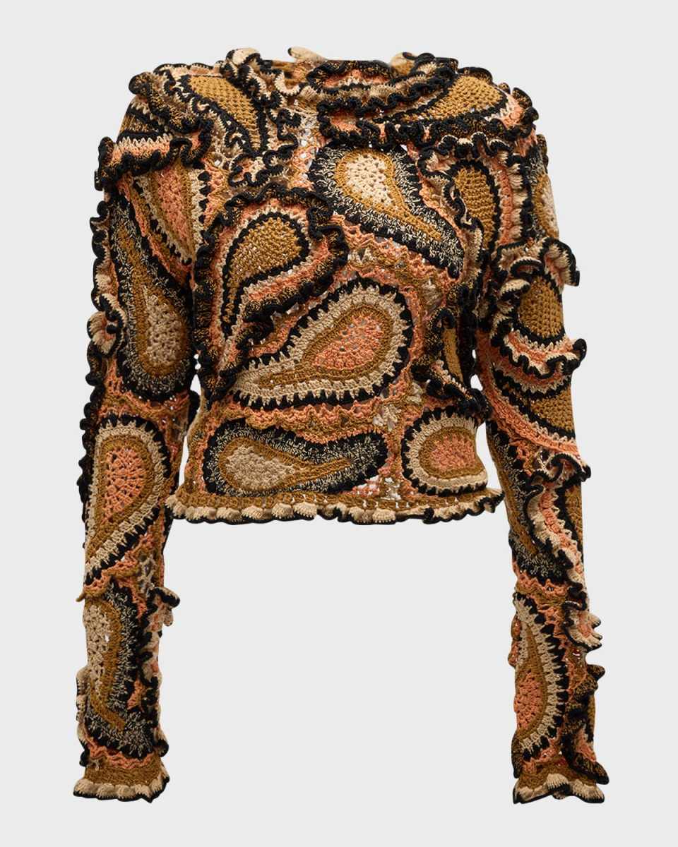 Sunara Ruffled Paisley Crochet Pullover Sweater