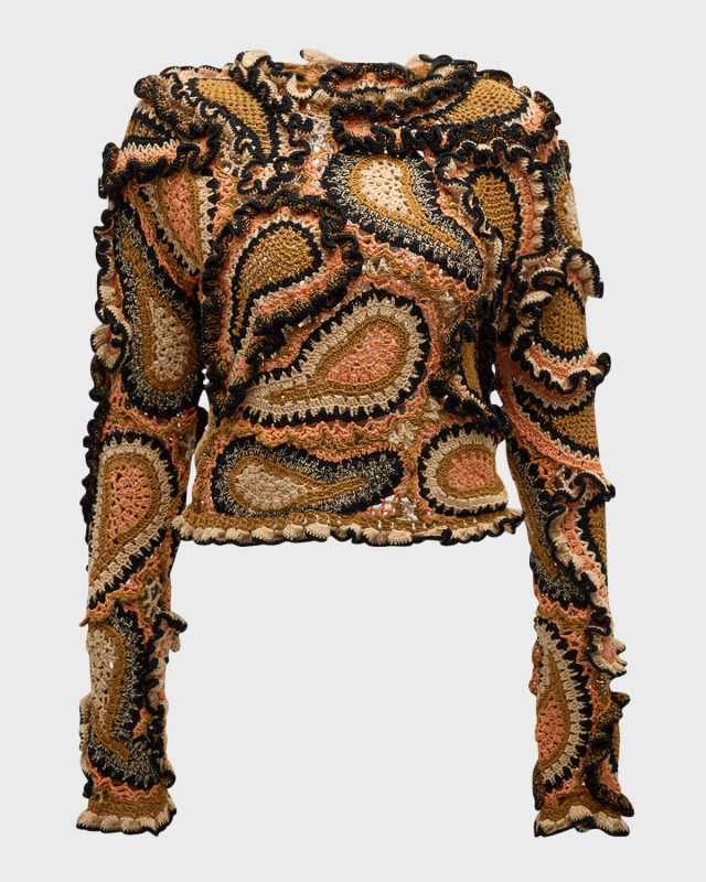 Sunara Ruffled Paisley Crochet Pullover Sweater