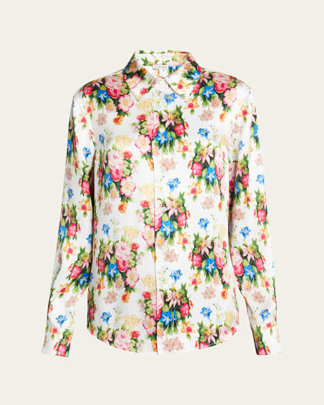 Floral-Print Button-Down Silk Blouse