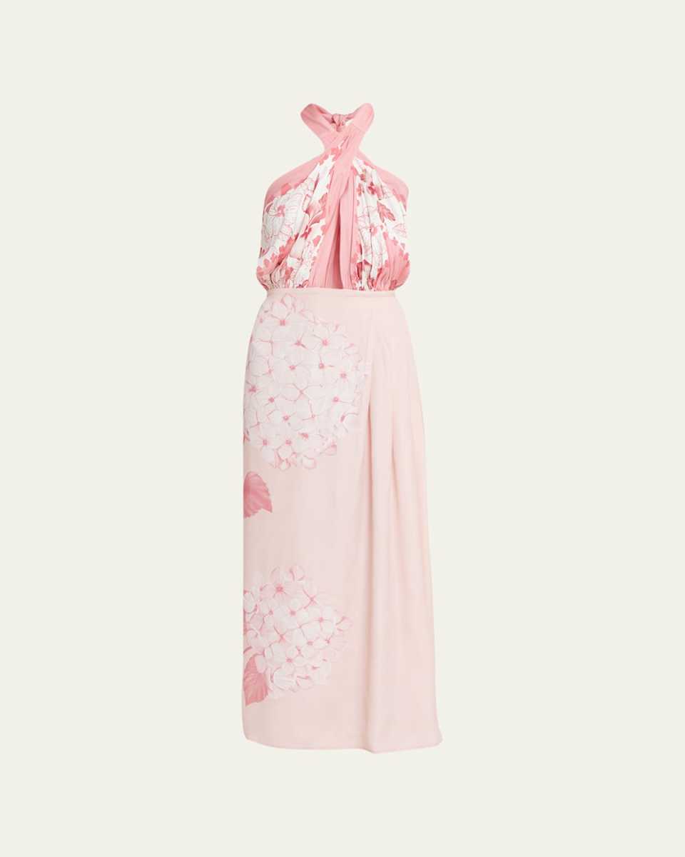 Hydrangea-Print Saree Hand-Draped Midi Dress