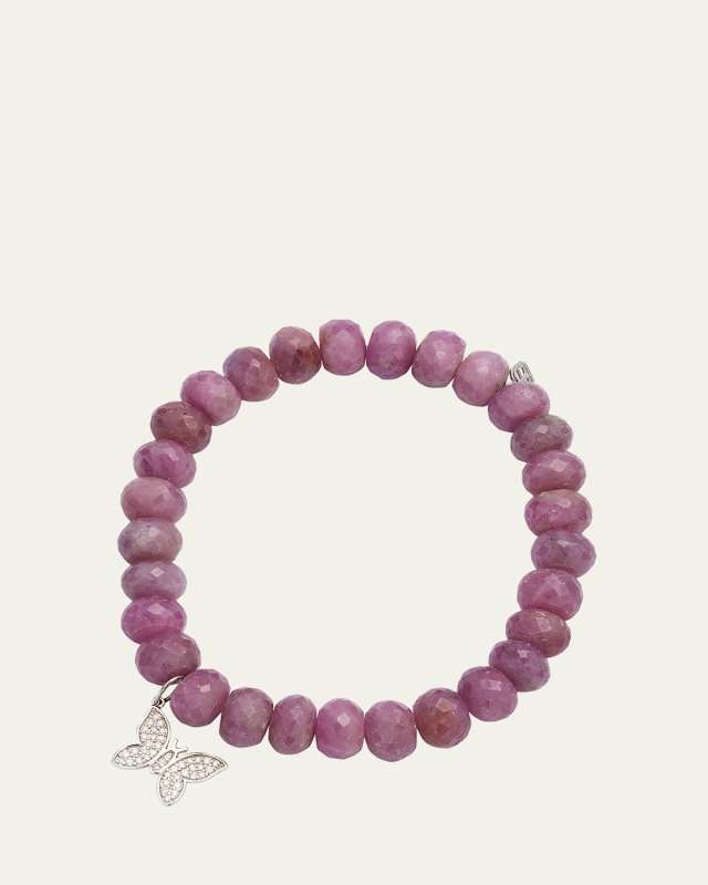 Diamond Butterfly Charm on Pink Sapphire Faceted Rondelle Bracelet
