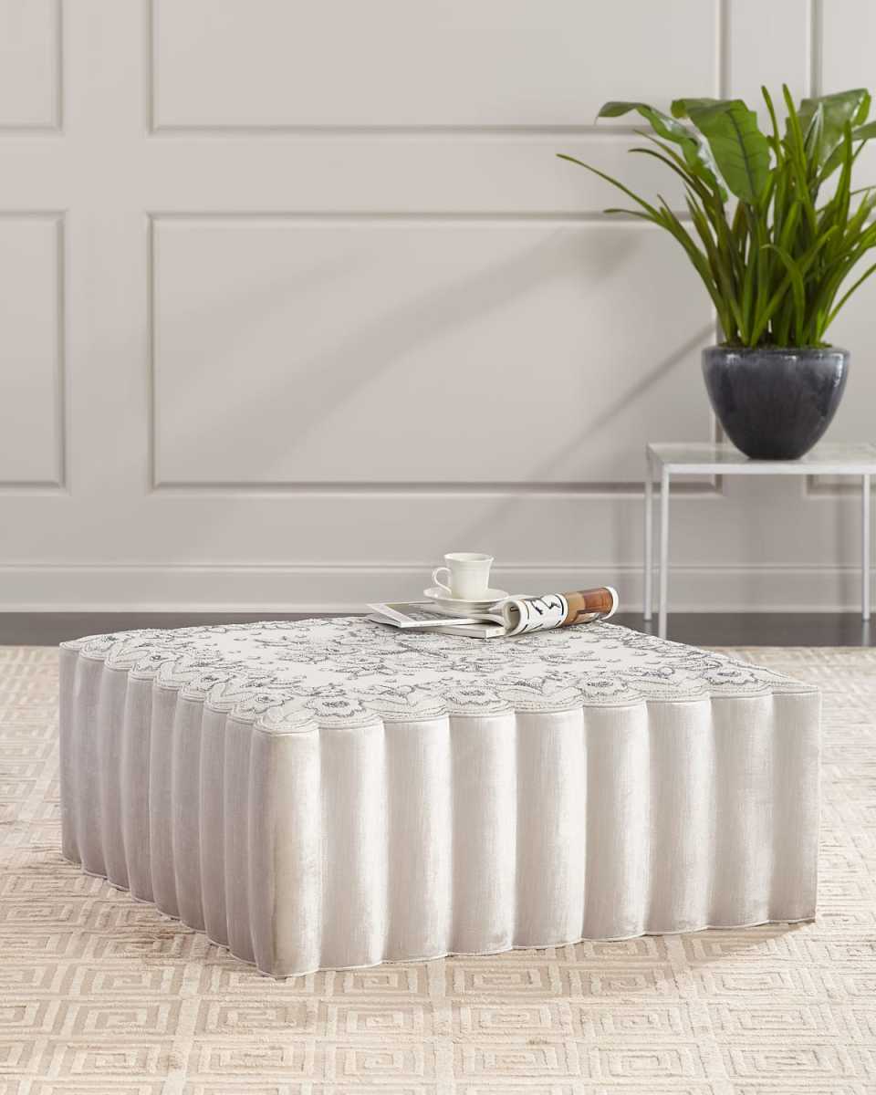 Beaded Velvet Square Ottoman