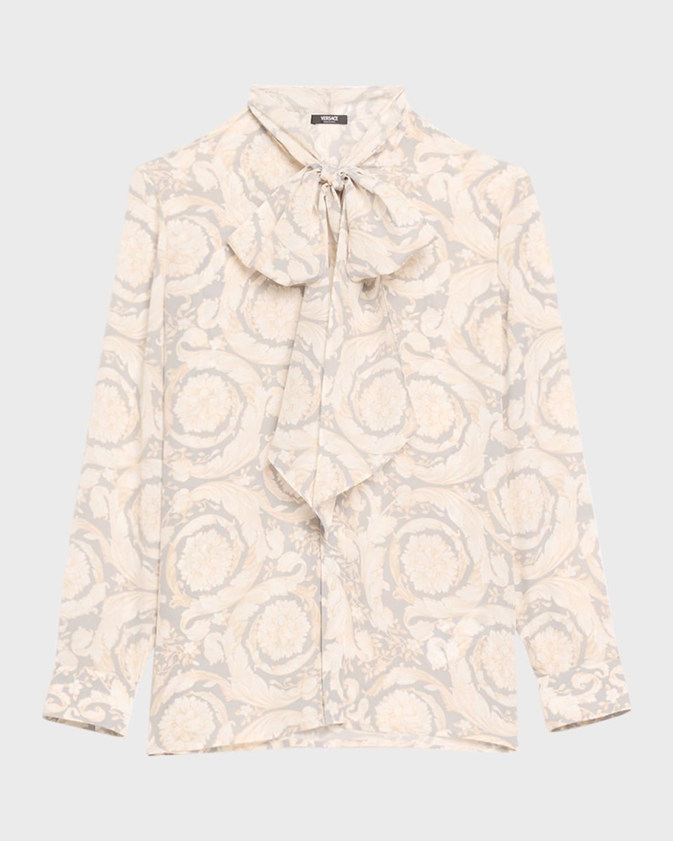 Baroque Print Button-Front Shirt with Tie Neck