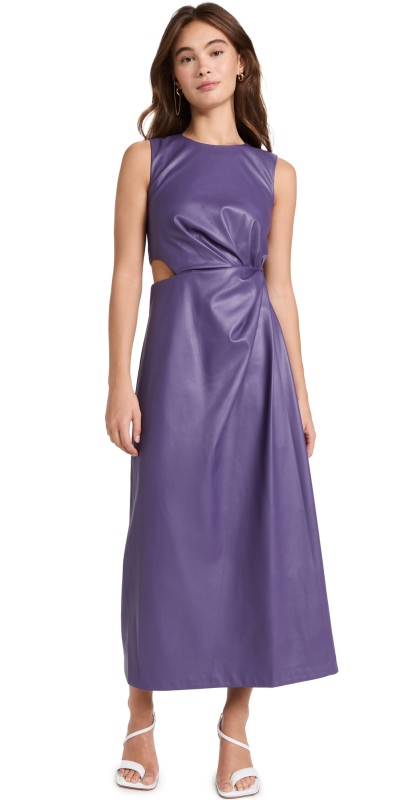 SIMKHAI Toni Draped Vegan Leather Cutout Midi Dress Aubergine