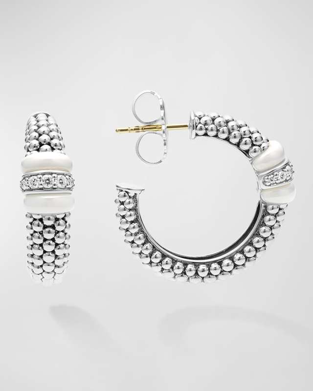 White Caviar Diamond and Ceramic Hoop Earrings